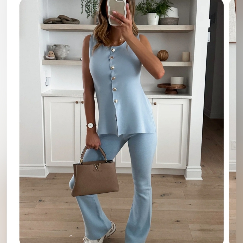 Sleeveless Button-Front Knit Top & Boot-Cut Pant Set - Light Blue